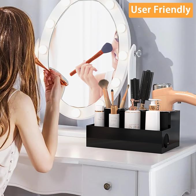Hair Tool Organizer, Black Acrylic Hair Dryer Holder with Insulated Cup, Bathroom Supplies Countertop Blow Dryer Holder, Vanity Caddy Storage Stand for Accessories, Makeup, Toiletries