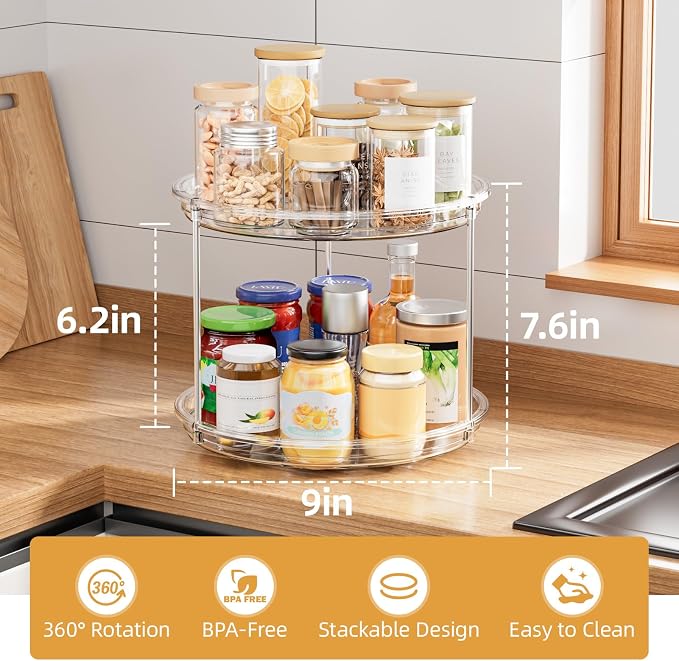 LAMU 2 Tier Lazy Susan Turntable Organizer for Cabinet, 9'' Rotating Spice Rack for Kitchen, Pantry, Countertop, Bathroom, Vanity, Under Sink, Medicine Cabinet Organizer, 1 Pack