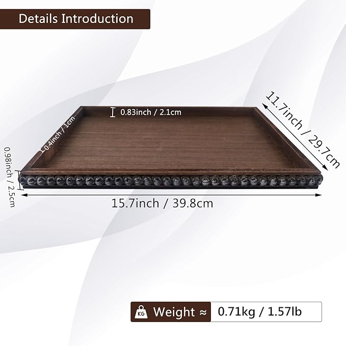 FramePro Decorative Tray 12x16 Rectangular Wood Beaded - Brown Serving Tray for Living Room, Coffee Table, Kitchen or Farmhouse Display