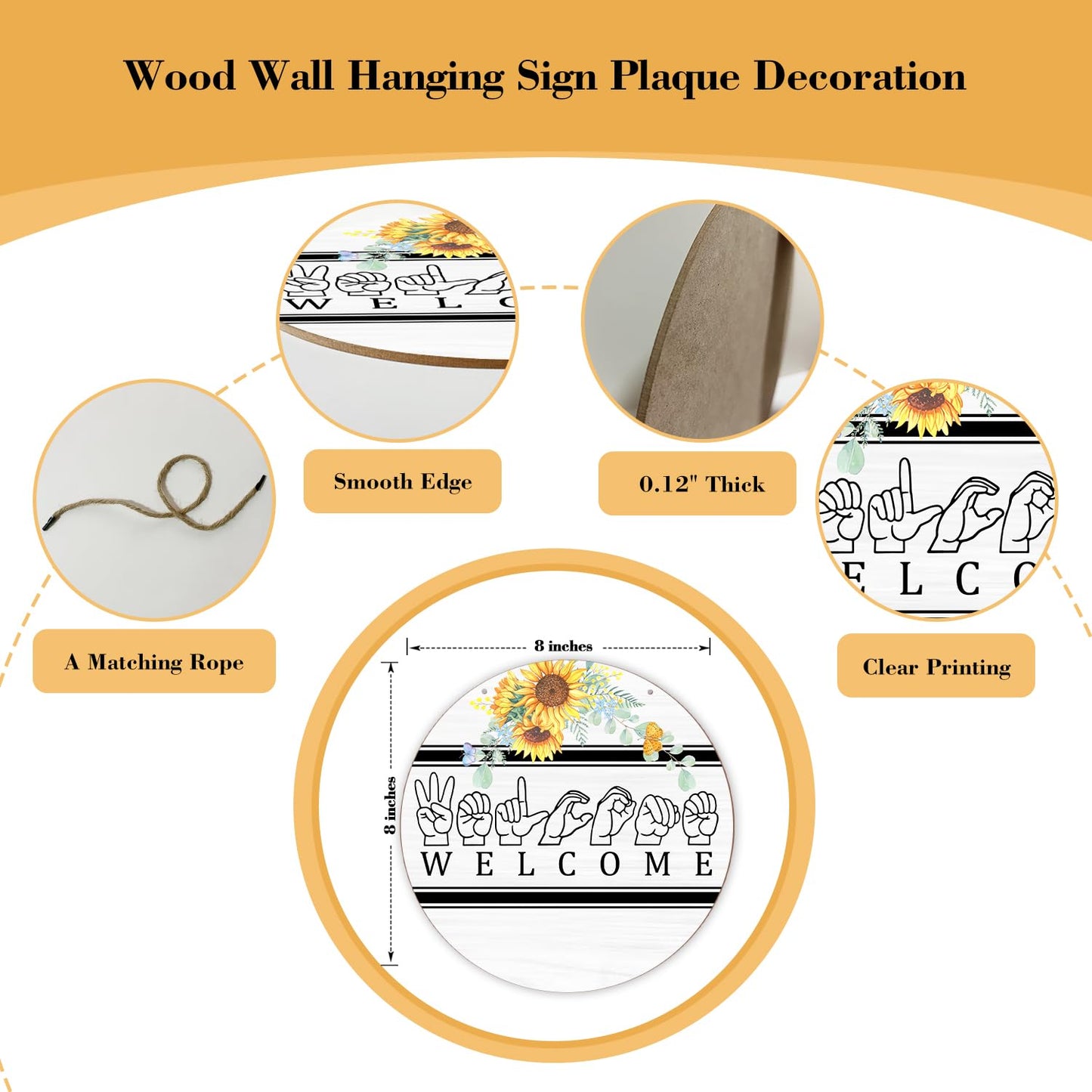 Wood Wall Hanging Sign Plaque Gift, Welcome Wooden Round Sign with Twine Floral Sign Language Decor, Door Home Living Room Shelf Porch Spring Summer Party Holiday Decoration Supplies - 10