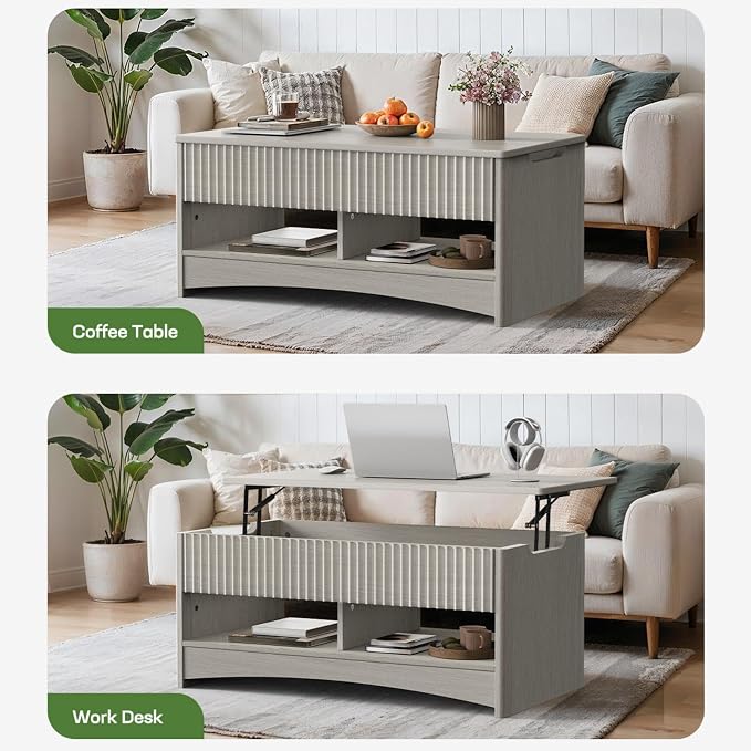 Marsail Lift-Top Coffee Table, Fluted Center Table with Hidden Compartments, Smooth Lifting & Space-Saving Design, Versatile Wood Coffee Table for Living Room and Office, Grey
