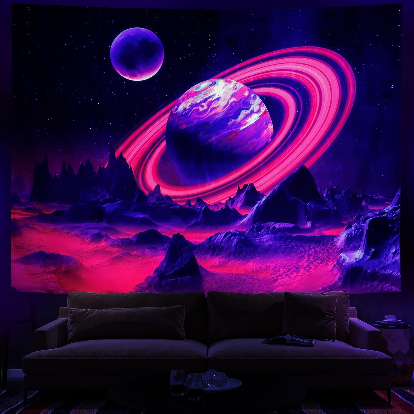 Leofanger Blacklight Trippy Planet Tapestry UV Reactive Mountain Wall Tapestries Galaxy Space Tapestry Starry Night Sky Tapestries Wall Hanging for Home Decor(51.2"x59.1")