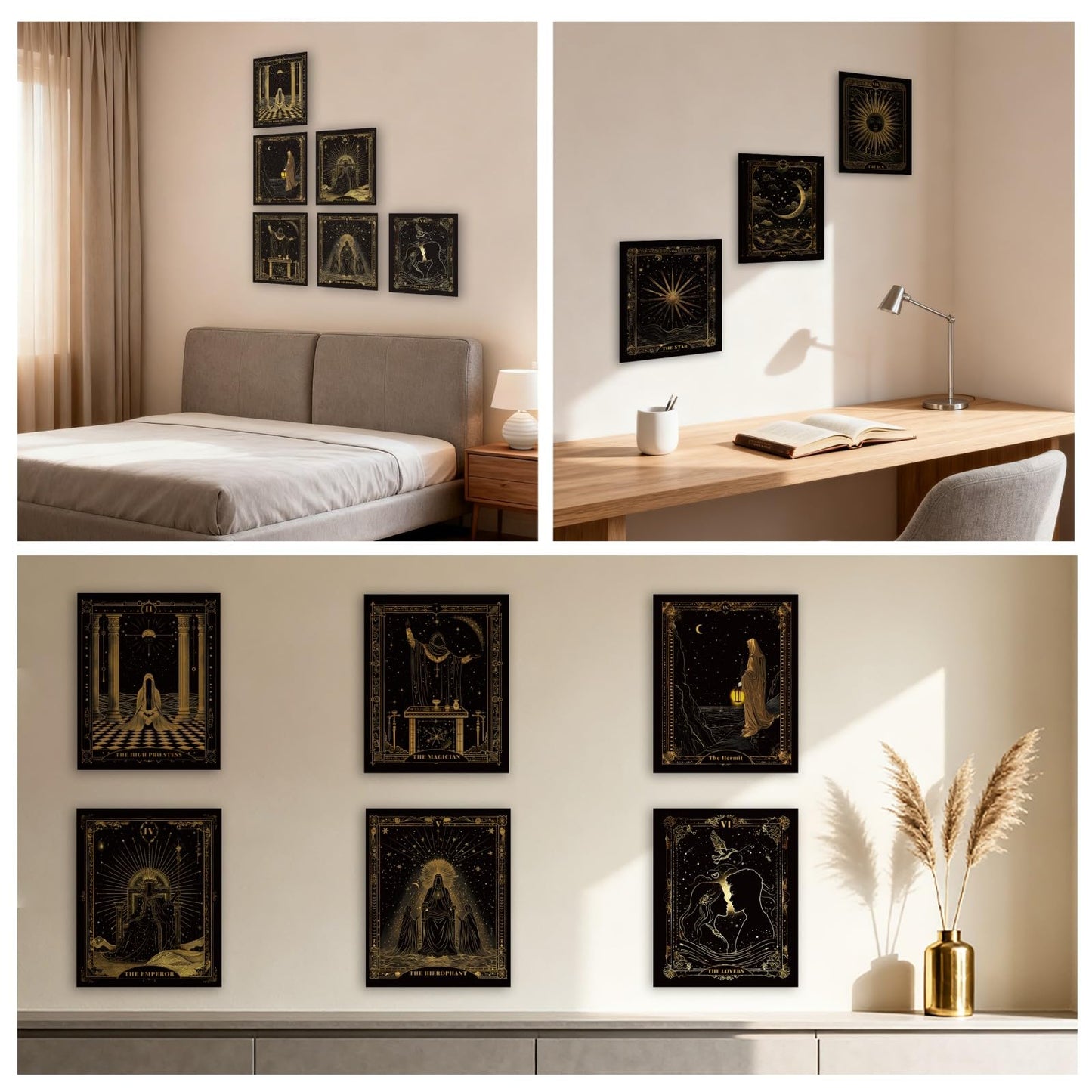 CRAFTYMELODY Tarot Wall Art Prints Set of 9 Gold Black Tarot Theme Poster Wall Decor Home Artworks for Gallery Living Dining Room Bedroom Bathroom Home Decoration 8x10 Inch Unframed
