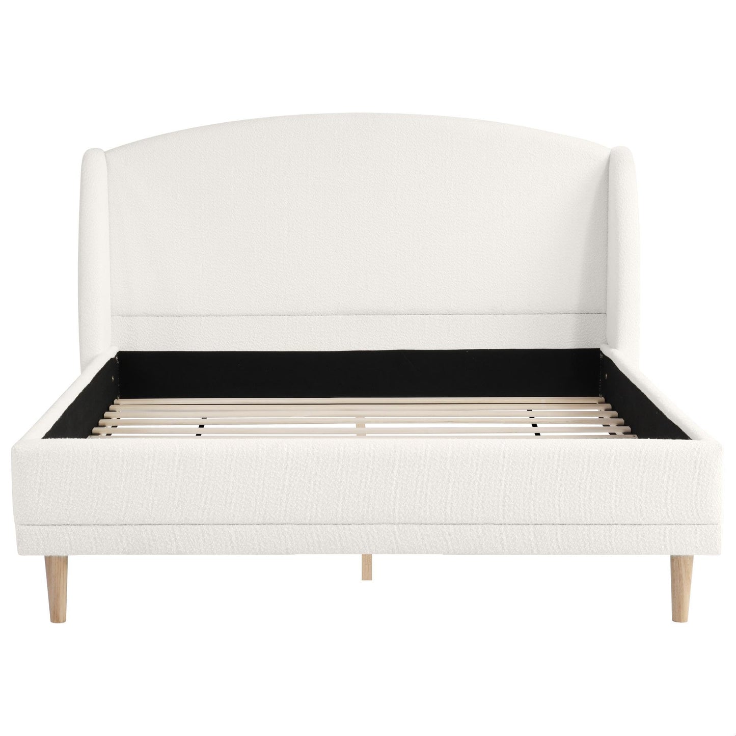 Queen Size Bouclé Upholstered Platform Bed Frame with Wingback Headboard, Rounded Corners, Modern Fabric Bed with Wood Slats Support, No Box Spring Needed, White