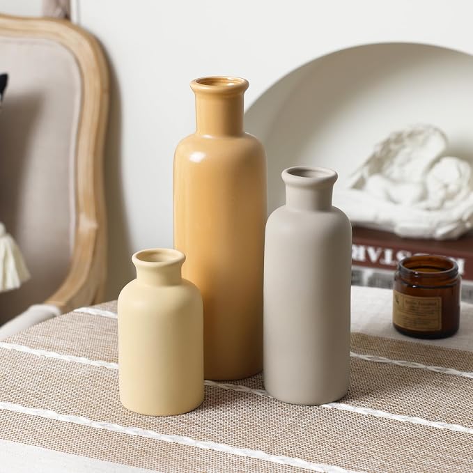 Ceramic Vase Set of 3, Brown Neutral Rustic Vases for Farmhouse Decor, Pampas Grass & Dried Flowers and Table Living Room Home Decor