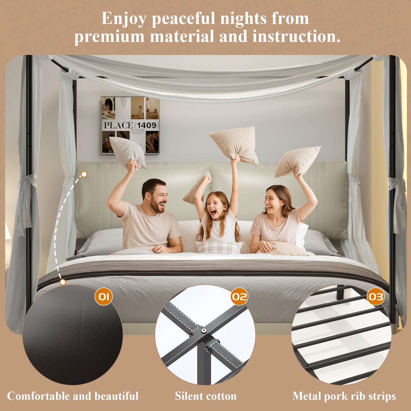 SAMTRA Modern Canopy Bed Frame with Upholstered Faux Leather Headboard – Tall Four Poster Metal Platform Bed, No Box Spring Needed, King Size, Black