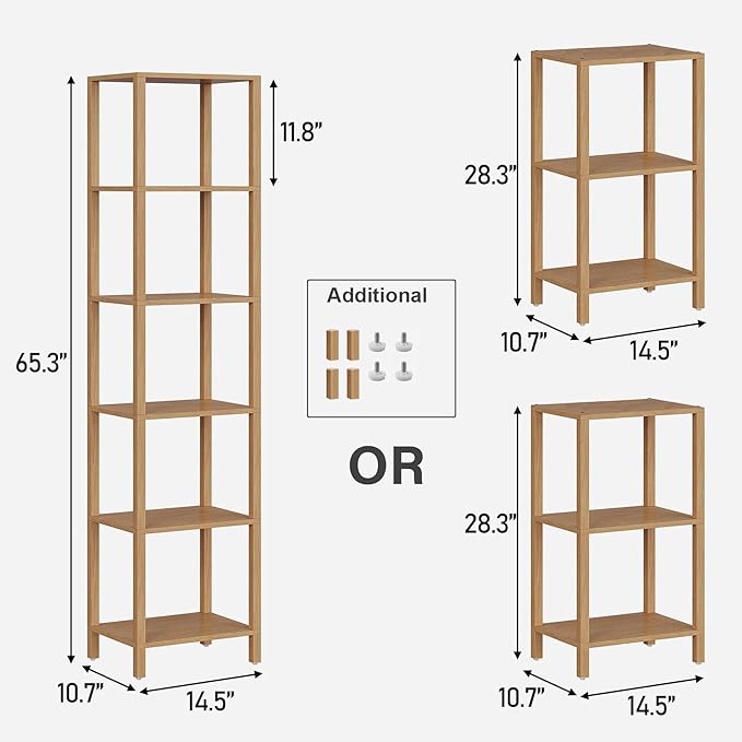 TUTOTAK Bookshelf, 6-Tier Tall Book Shelf, Narrow Bookcase for Small Space, DIY Stackable Bookshelf, for Living Room, Office, Study, Entryway, Industrial, Natural BS01BN006