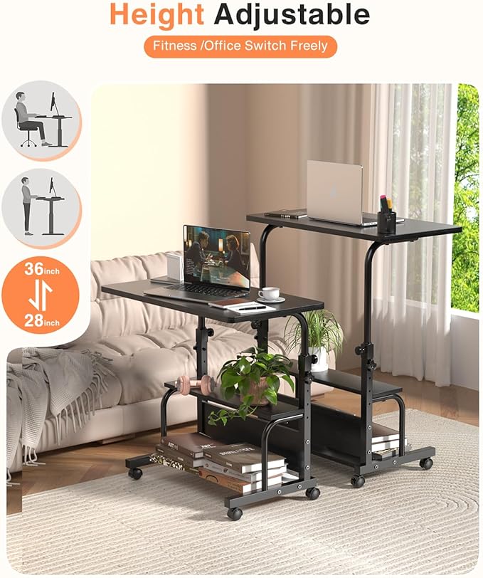 QZMDSM Portable Rolling Desk on Wheels Adjustable Height Desks for Small Spaces, 32" Computer Desk Drafting Tables with Storage Shelves for Home Office Black