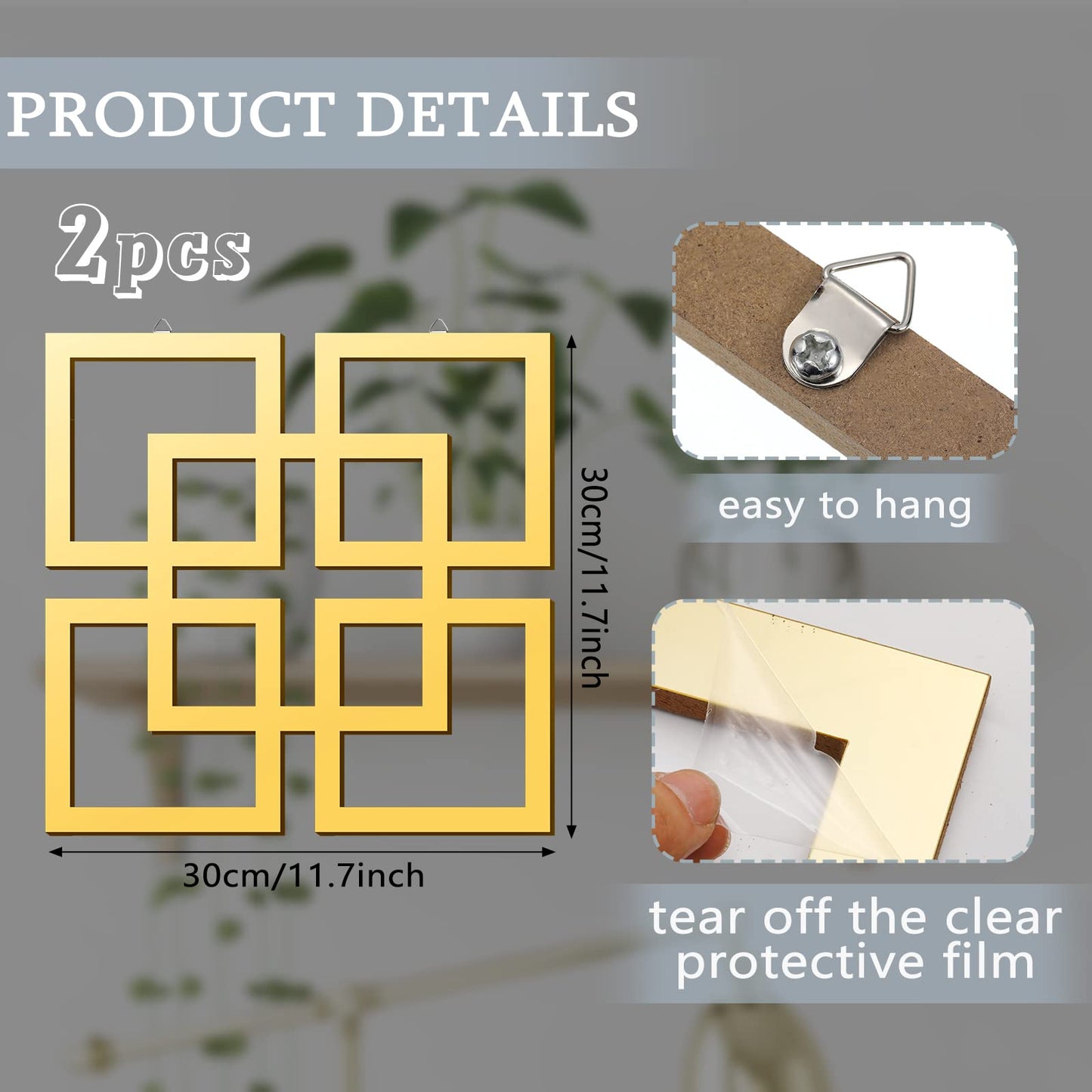 Weysat Wall Mount Home Mirror, 2 Pieces Silver Square Decorative Mirror for Bedroom, Living Room, Bathroom, 11.8 x 11.8 Inches(Gold,Mirrored)