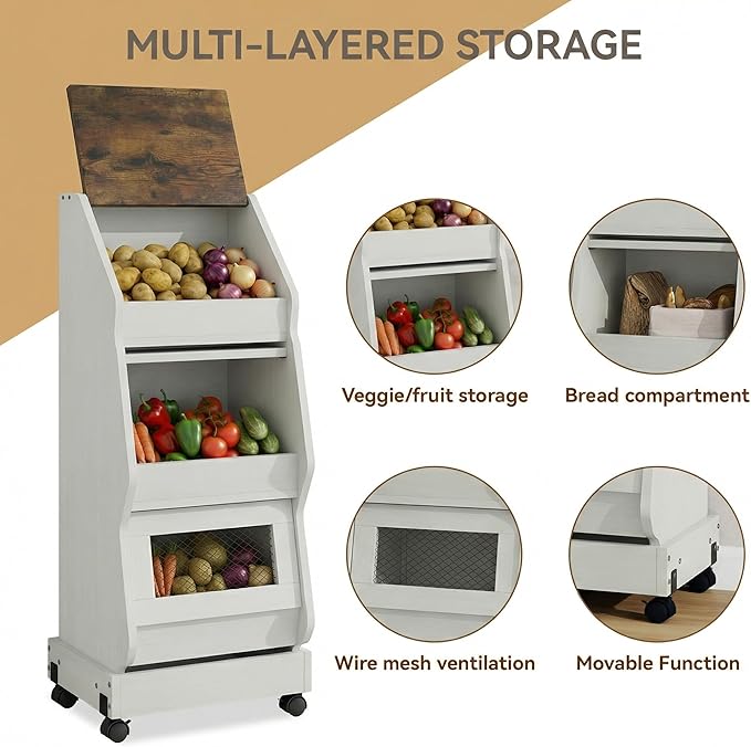 ARTETHYS Potato and Onion Storage Bin with Wheels Movable White Potato Box Holder for kitchen with Lid Onion Organizer with Grocery Section Decorative Vegetable Organization Cabinet