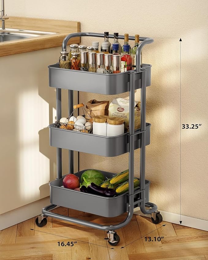 Pipishell 3 Tier Mesh Utility Cart, Rolling Metal Organization Cart with Handle and Lockable Wheels, Multifunctional Storage Shelves for Kitchen Living Room Office Grey