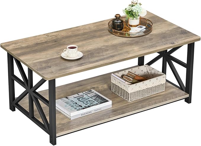 GreenForest Coffee Table for Living Room with Round Corners Farmhouse Style Center Table with Storage Shelf 39 Inch Space Saving Easy Assembly Gray Wash | for Living Room