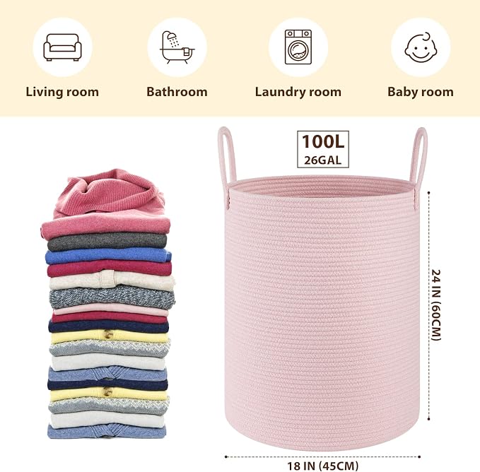 OIAHOMY Large Laundry Basket Hamper - 100L Cotton Rope Woven Basket for Blankets, Toys, Clothes - Tall Decorative Nursery Hamper with Long Handles, Pink