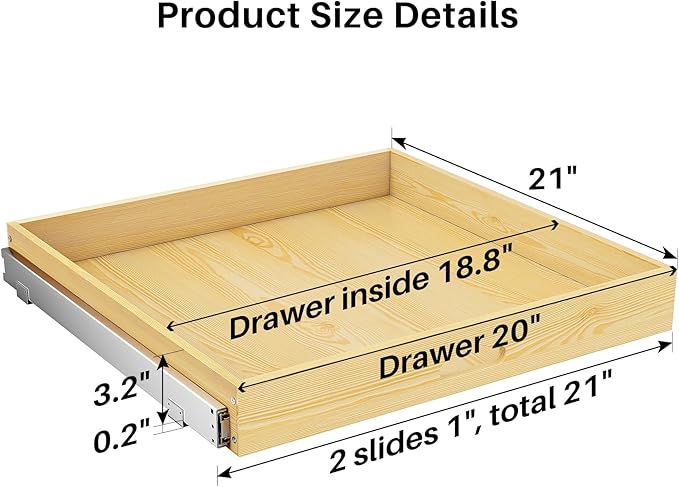 2Pack Pull Out Cabinet Organizer, Soft Close Wooden Slide Out Drawers for Pots, Full-extension Roll Out Shelves for Kitchen Cabinets, Pantry Organization, Bottom and Side Mount(21"W X 21"D x 3.4''H)