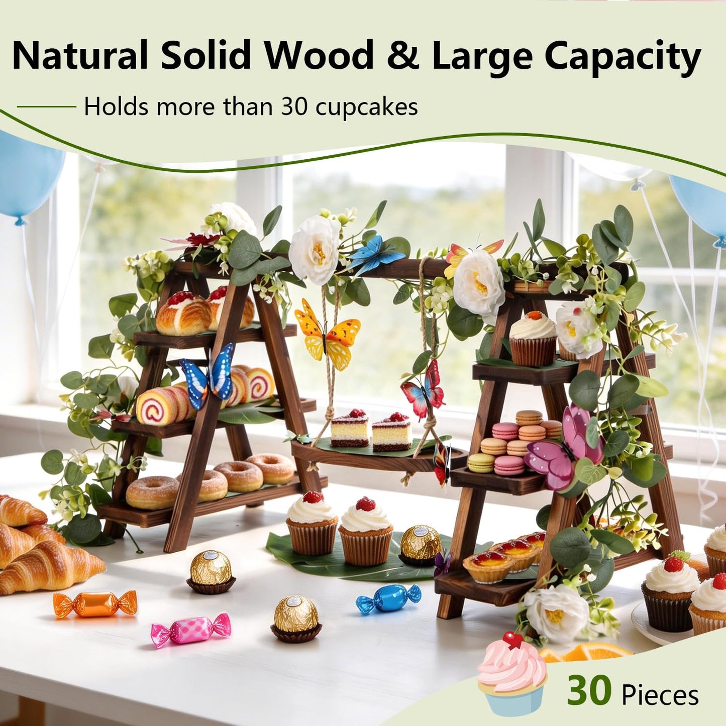 Wooden 3 Tier Cupcake Stand with Flower Vine, Palm Leaves & Decorative Butterflies, Cupcake Holder for Tea Party Supplies, Serving Trays for Party Perfect for Dessert Cups and charcuterie Cups