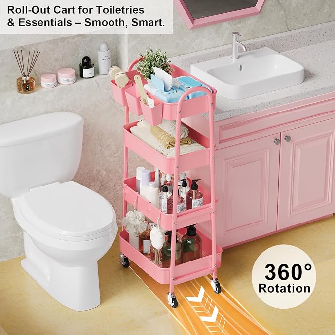 4 Tier Rolling Cart Metal with Lockable Wheels, Four Tiered Pink Trolley Cart on Wheels, Utility Storage Organizer Carts for Bathroom, Kitchen, Art, Craft, Baby Diaper Caddy, Snack, Makeup, Nail, Lash