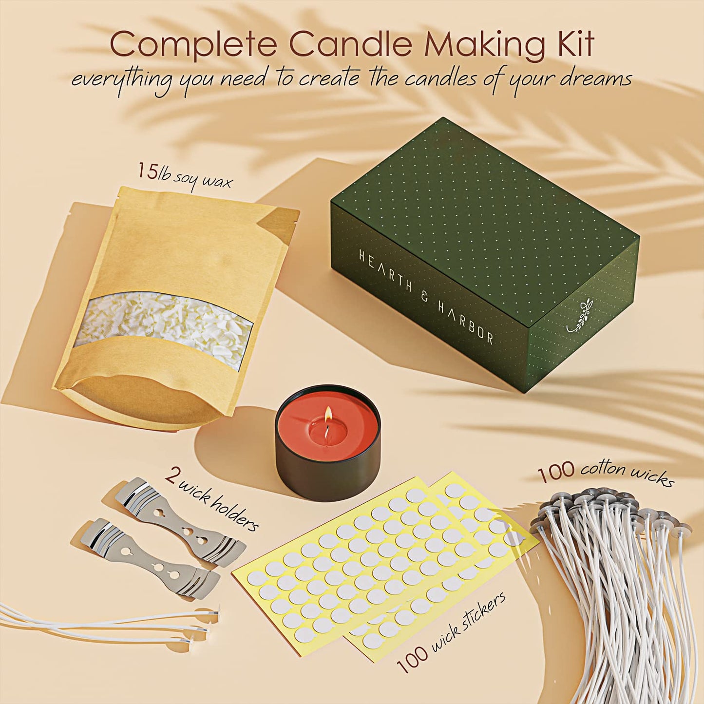 Hearth & Harbor Soy Candle Wax for Candle Making, Natural Soy Wax for Candle Making 15 lb Bag with Supplies, 100 Cotton Candle Wicks, 100 Wick Stickers, 2 Centering Devices - 15 Pounds Soy Wax Flakes