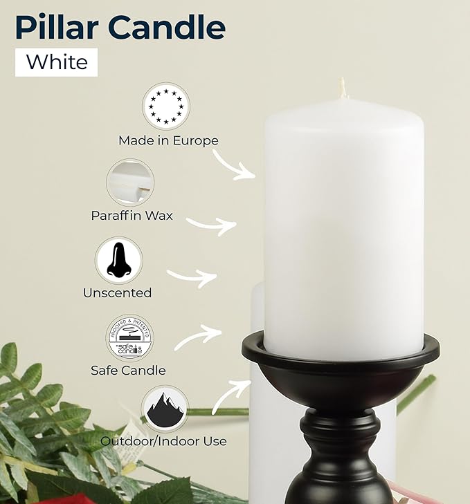 HYOOLA White Pillar Candles 2x3 Inch - 12 Pack Unscented Bulk Pillar Candles - European Made