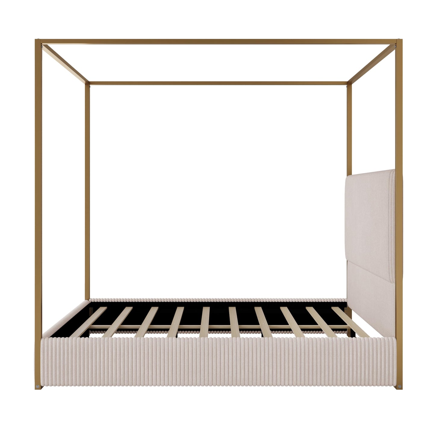 Merax Modern Luxury Queen Metal Canopy Bed with Tall Upholstered Headboard, Gold Four Poster Bed, No Box Spring Needed, Beige