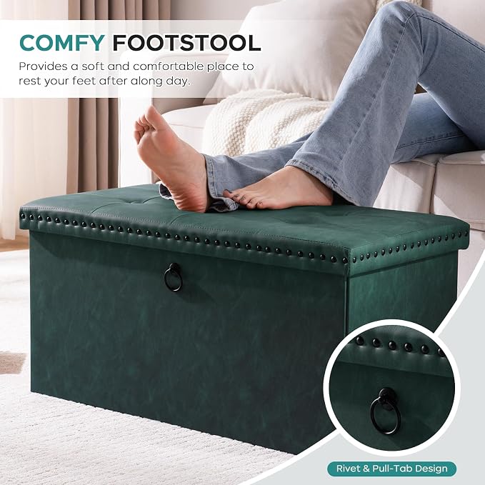 oakvivo Folding Storage Ottoman Bench, Leather Foot Rest Stools with Rivet Design, 15" D x 30" W x 15" H, Ottoman with Storage End of Bed Bench Footstool for Living Room Bedroom, Load 330 lb, Green