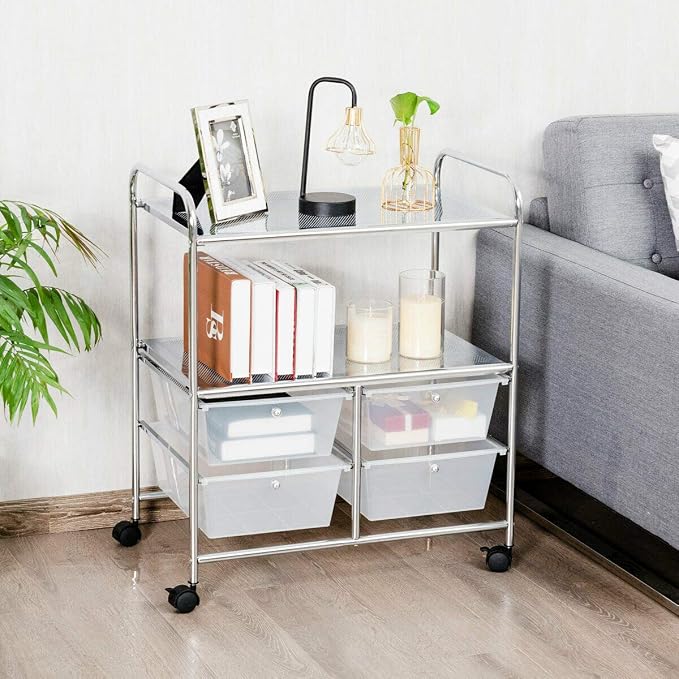 Giantex Rolling Storage Cart w/ 4 Drawers 2 Shelves Metal Rack Shelf Home Office School Beauty Salon Utility Organizer Cart with Wheels (White)