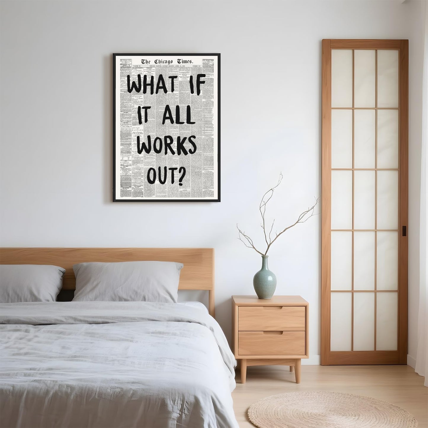 Framed What If It All Works Out Wall Art Black and White Retro Newspaper Poster Positive Motivational Canvas Print Painting Inspirational Quote Picture Wall Decor for Office Home Bedroom 12x16inch