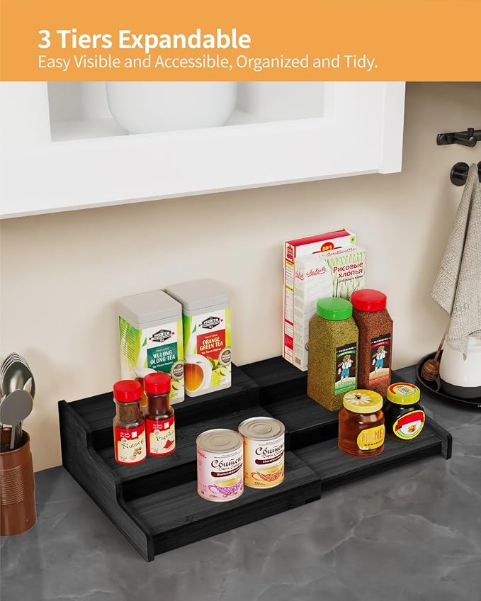 VenDotbi Spice Rack, 3-Tier Expandable Bamboo Spice Rack Organizer for Cabinet - Kitchen, Pantry and Cupboard Storage Organizer-Black