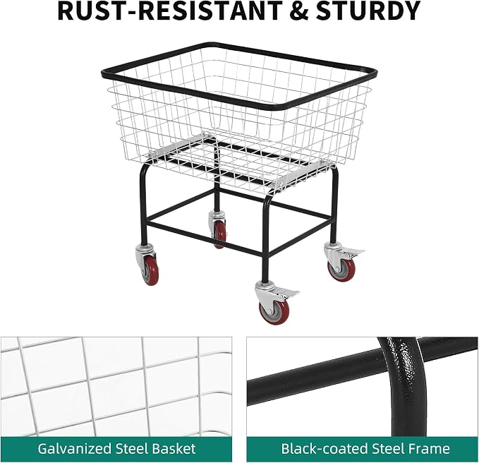 Extra-Large Rolling Laundry Cart with Wheels Holds 4 Washer Loads, Wire Laundry Basket, Heavy-Duty Steel Storage Basket with Galvanized Finish, for Commercial or Home Laundry