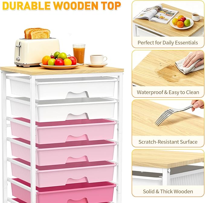 SUNALLY Rolling Storage Utility Cart With 8 Drawers, Storage Drawer Cart with Wooden Tabletop and 2 Lockable Wheels, 8 Tier Rolling Cart for Craft Art Supply Storage & Home Office Organization, Pink