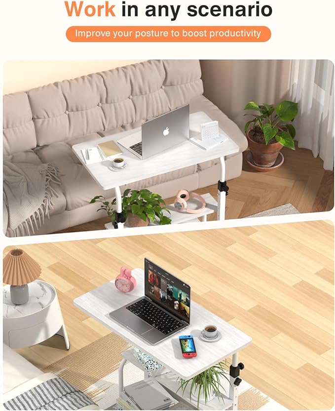 QZMDSM Portable Desk with Wheels Small Standing Desk on Wheels Adjustable Height Rolling Desks for Small Spaces, 32" Computer Desks with Storage Shelves for Home Office Study White