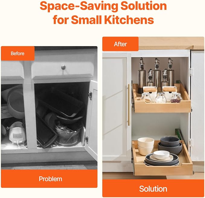 VEVOR Pull Out Cabinet Organizer, 14"W x 21"D Cabinet Drawer, Soft Close Slide out Shelf, Heavy-Duty Sliding Wood Drawer, Bottom Mount Size（14.5"W x 23"D）and Side Mount Size（15"W x 23"D）