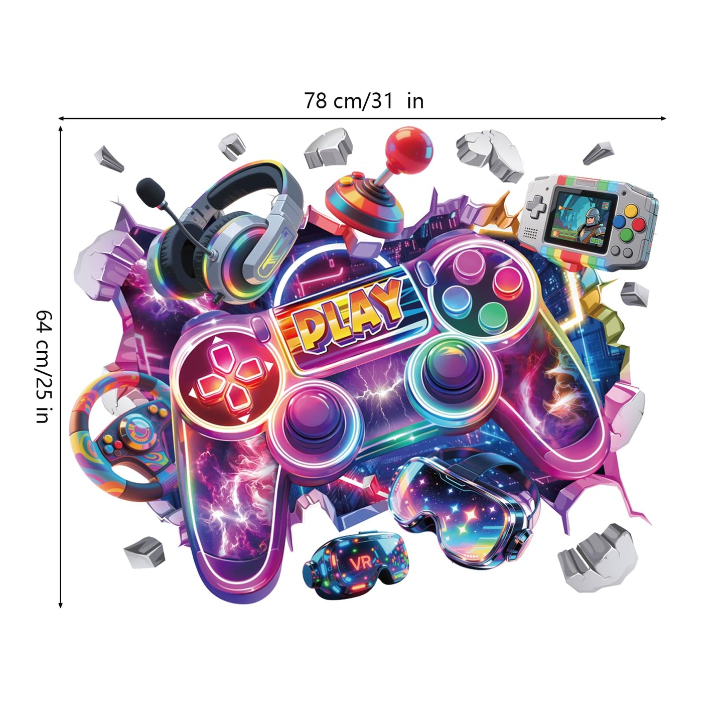 Peelora Large 3D Game Wall Stickers Gaming Joystick Gamer Controller Video Wall Decals Boys Playroom Teenagers Bedroom Reusable Self-Adhesive Wall Decor Stickers