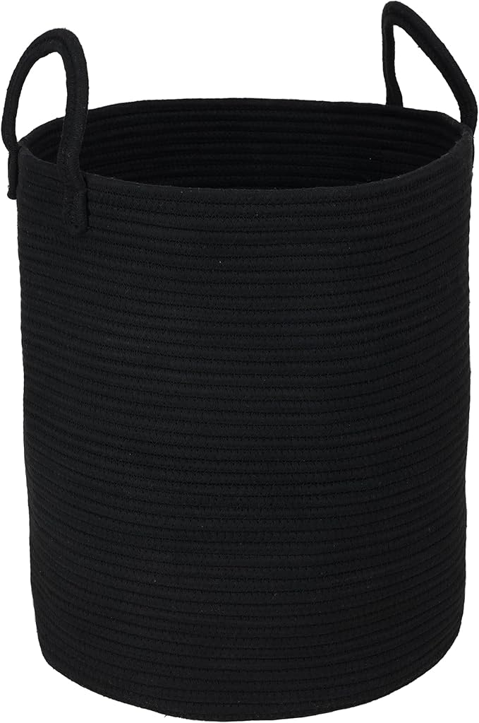 XUANGUO Black Cotton Rope Laundry Basket Hamper for Clothes Woven Storage Basket for Living Room Bedroom Boho Tall Rope Baskets for Blanket Toys Pillow Towels Baby Nursery Hamper Bin Large