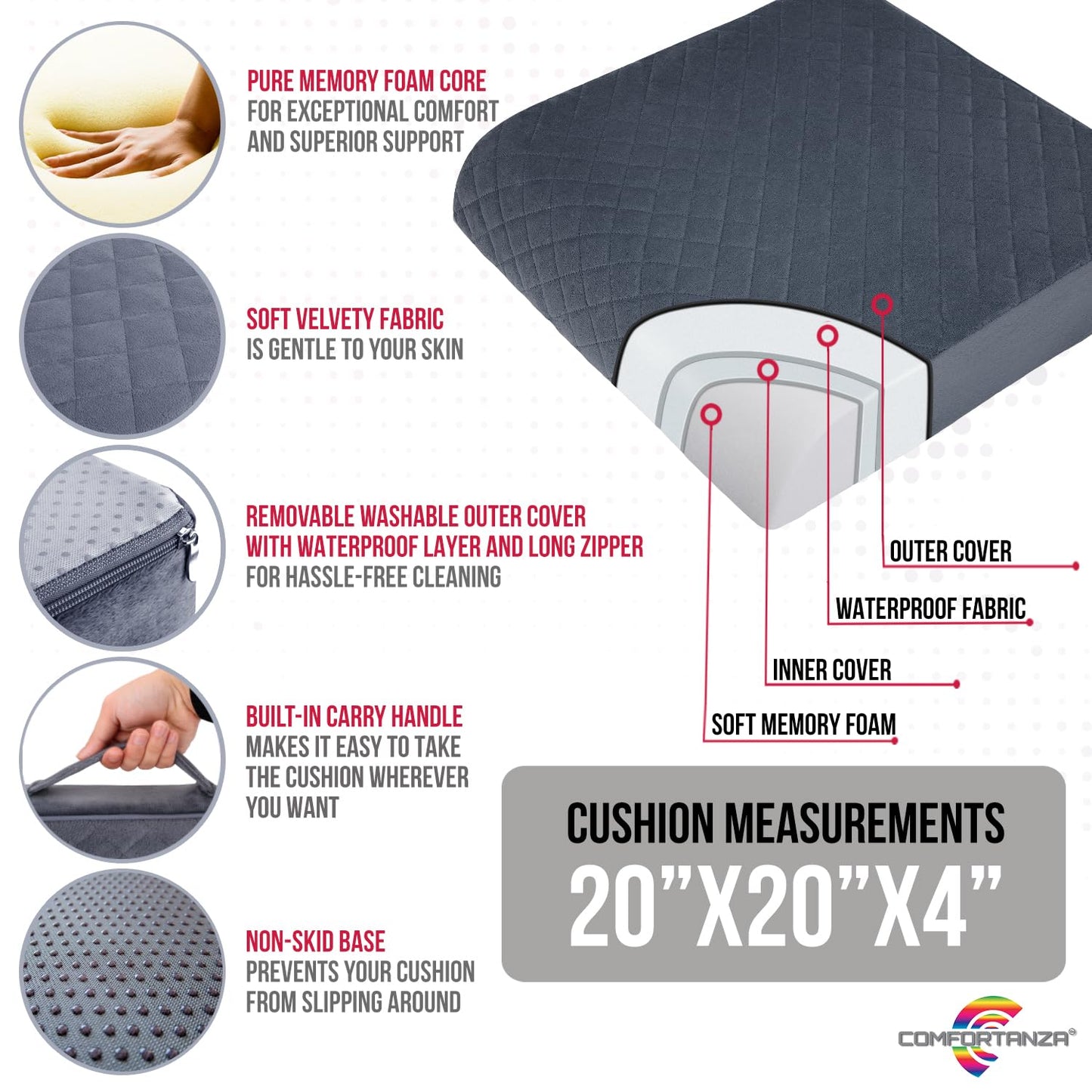 COMFORTANZA Medium-Soft 20x20x4 Memory Foam Recliner Chair Seat Cushion for Long Sitting - Armchair Pad with Washable Velvety Cover with Waterproof Layer & Non-Slip Base for Seniors & Elderly - Brown