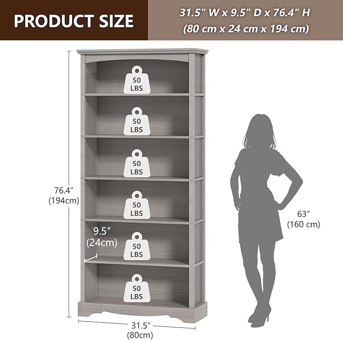 TVU 6-Tier Wooden Bookshelf, 76 Inch Tall Bookshelf with Storage, Floor Standing Modern Style Display Bookcase for Living Room, Office, Study Room, Entryway, Grey