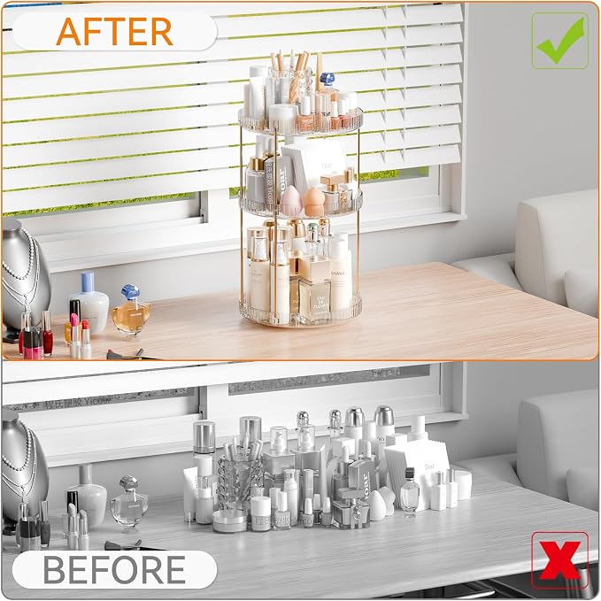 Yieach Acrylic 360 Rotating Makeup Organizer and Perfume Organizer,3 Tier Make Up Holder and Acrylic Skincare Organizers for Countertop,Vanity,Bathroom,Clear Spinning Beauty Organizer for Face Product
