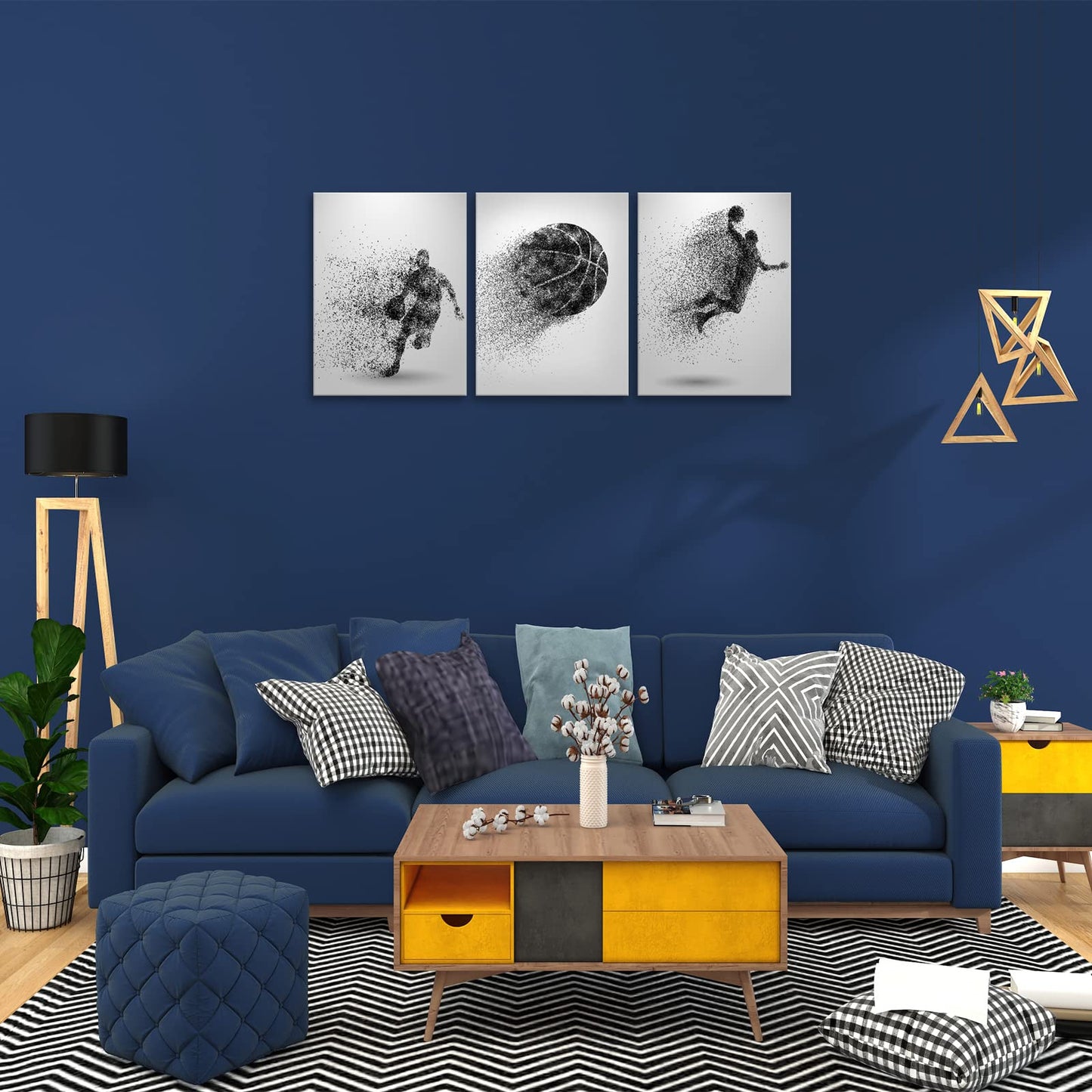 Basketball Canvas Wall Art - Black and White Sports Poster - Particle Silhouette - Set of 3 Framed Ready to Hang