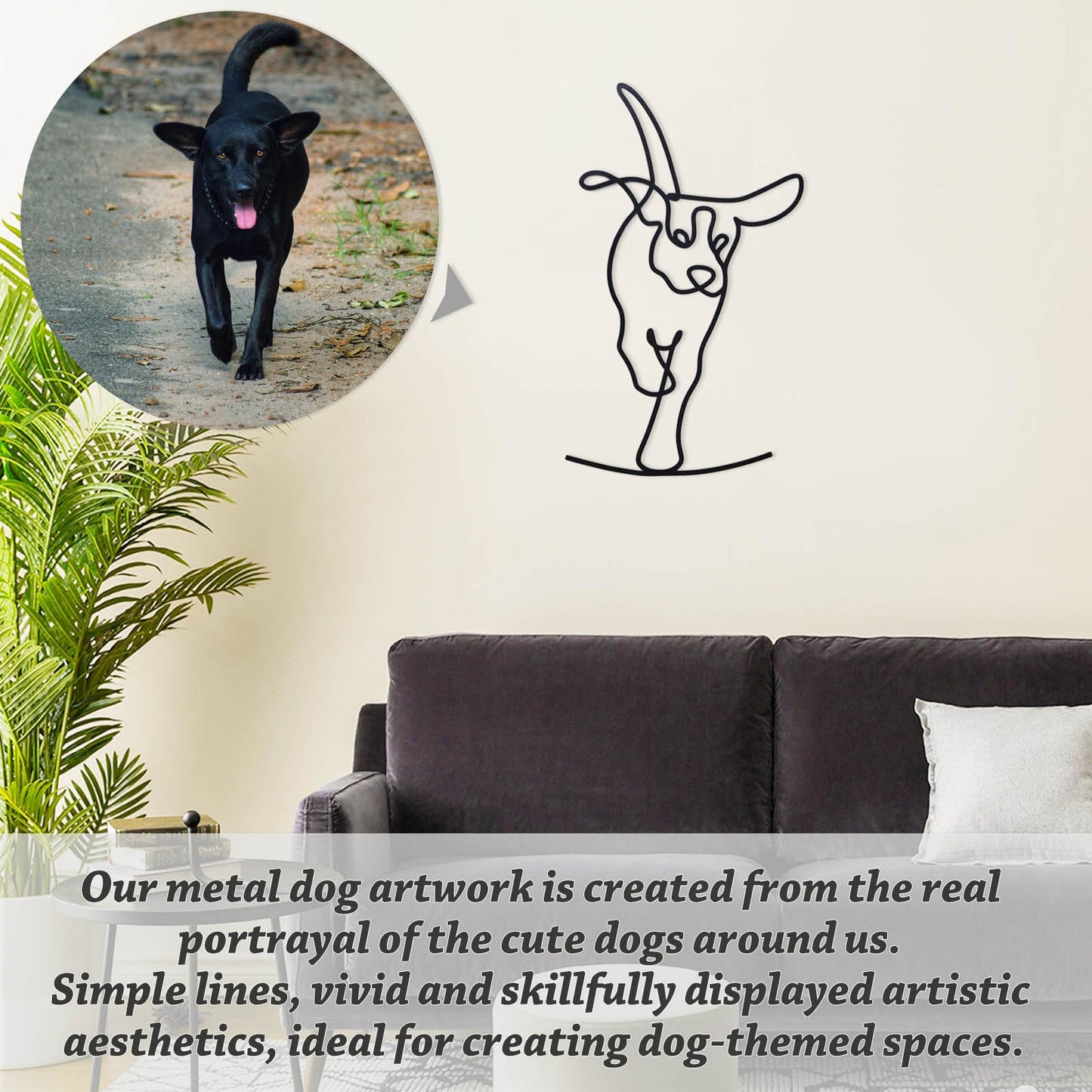 TYLCC Black Metal Dog Wall Decor Minimalist Abstract Dog Wall Art Line Drawing Art for Living Room Bedroom Decorations (Lovable)