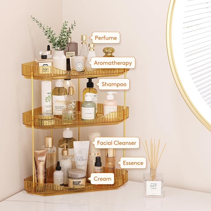 Lifewit 3-Tier Corner Bathroom Counter Organizer, Plastic Makeup Skincare Organizers Storage Countertop, Large Sink Cosmetic Perfume Shelf for Bedroom, Dresser, Kitchen, Vanity, Gold, 25 cm/10inch(H)