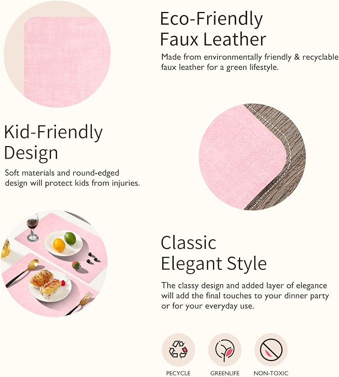 Maxpearl Faux Leather Placemats Set of 4 - Waterproof - Wipe Clean - Heat Resistant - Anti Slip Dining Table Place Mats, Suitable for Indoor & Outdoor Use, 17’’×12’’, Light Pink