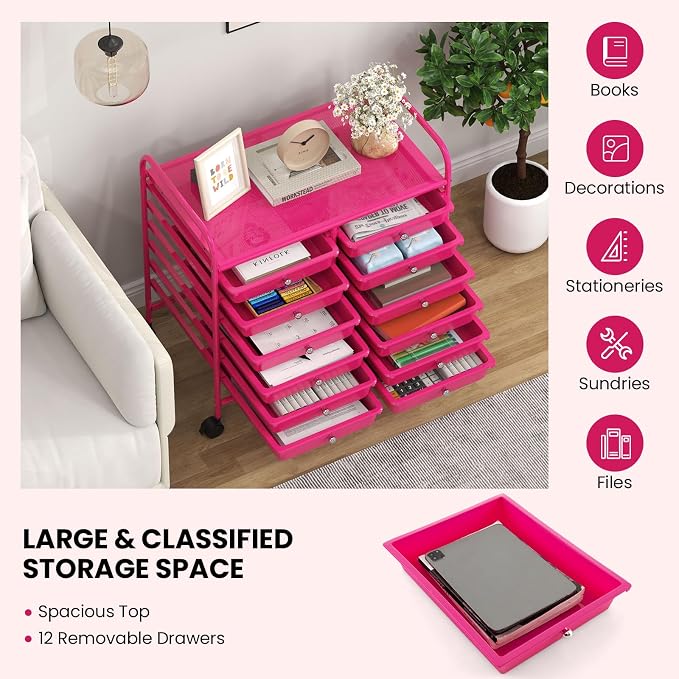 Giantex 12 Drawers Rolling Cart, Mobile Storage Drawer Cart, Classroom Organizer Cart for Office School Supplies Tools Scrapbook Paper Craft Small Printer, Utility Cart on Wheels, Hot Pink