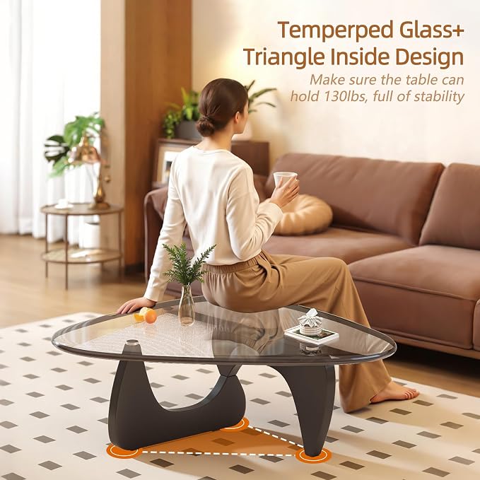 Coffee Table for Living Room Mid Century Modern Center Small Table with Glass Top and Wood, Black Transparent(45 Inch)