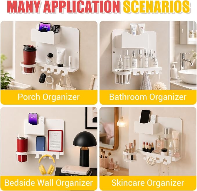 Metal Bedside Wall Shelf, No Drill Floating Bedside Shelf Wall Organizer | Bedside Wall Shelf with Detachable Cup Holder for Bedroom, Dorm, Nightstand Alternative, Bunk Bed Accessories & RV Storage