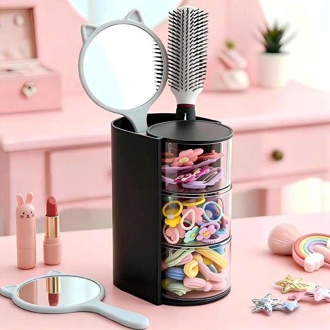 Luscinia Hair Accessories Organizer with Hair Brush Holder, Rotatable Makeup Brush and Jewelry Storage Box for Hair Clips, Earrings, Necklaces, Bracelets, Rings, and Daily Accessories (Black, 3-Layer)