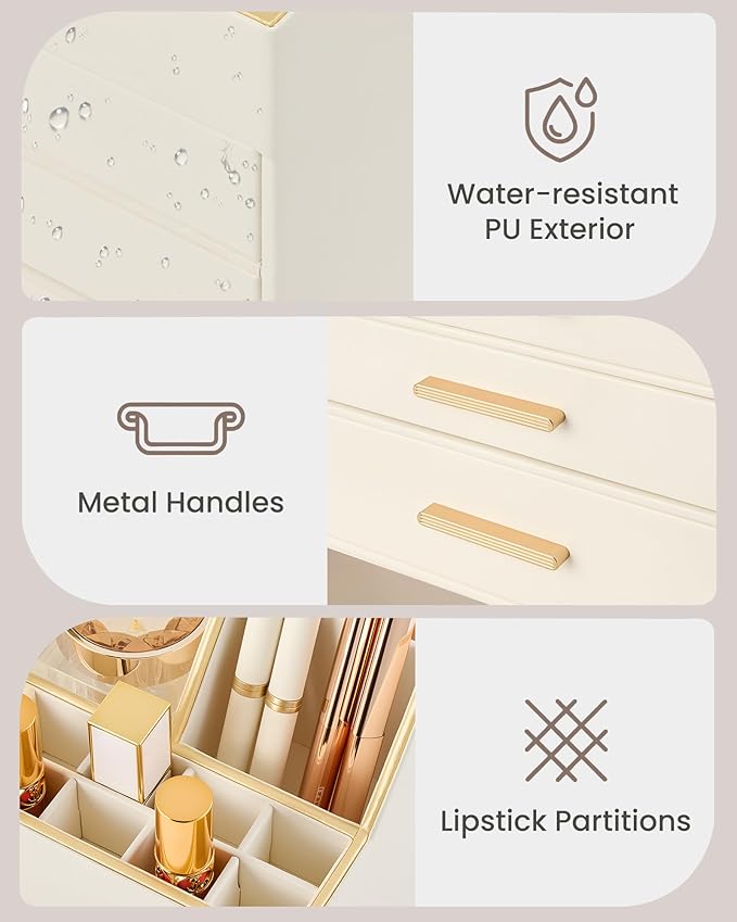 Lolalet Makeup Organizer for Vanity Desk, 3-Layer PU Leather Luxury Make Up Storage Cosmetics Holder Box with Drawers -Beige