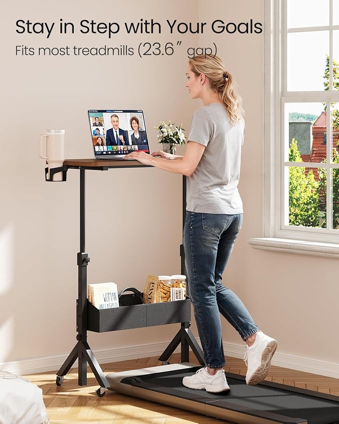 ErGear Mobile Standing Desk with Wheels, Adjustable Height 28.3″ to 46.1″, Rolling Laptop Cart with Cup Holder, Storage Basket, Computer & Pen Slot, Home Office Stand Up Desk, Walnut (31.5″ x 15.75″)