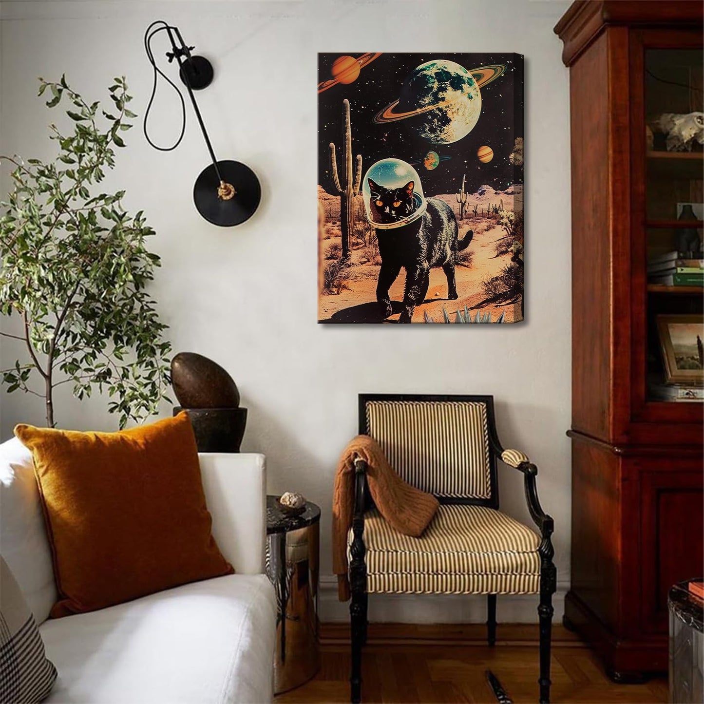 Ijeroain Black Space Cats Wall Art Funny Cat Wall Decor Pictures Cat astronaut painting artwork Cosmic planet Whimsical Print for Boys and Girls Room Bedroom home decoration 12x16in Canvas