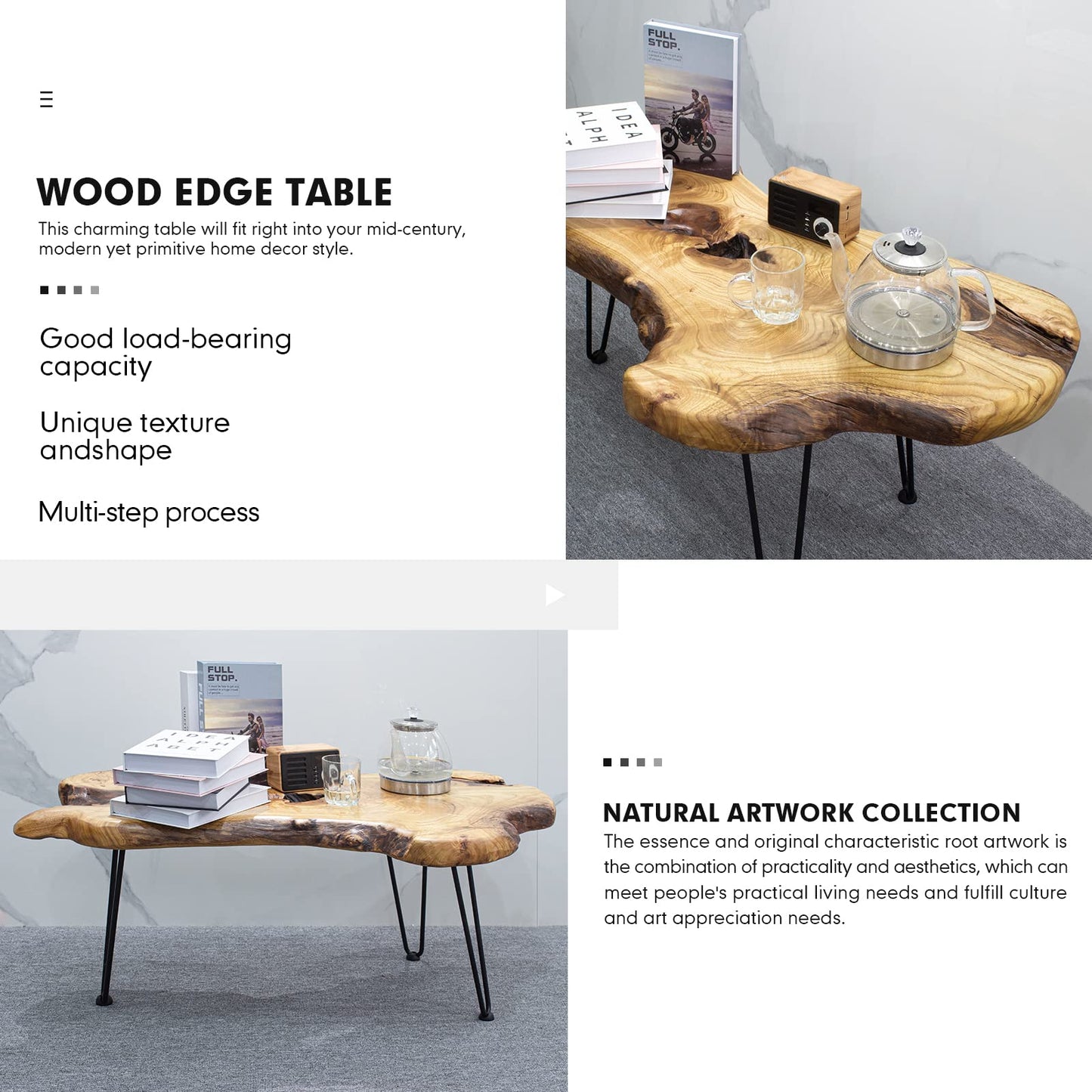 BTEOBFY Handcrafted Edge Coffee Table | Natural Wood with Unique Organic Shape | Metal Hairpin Legs for Living Room, Side Table & Boho Decor,Clear Lacquer Finish