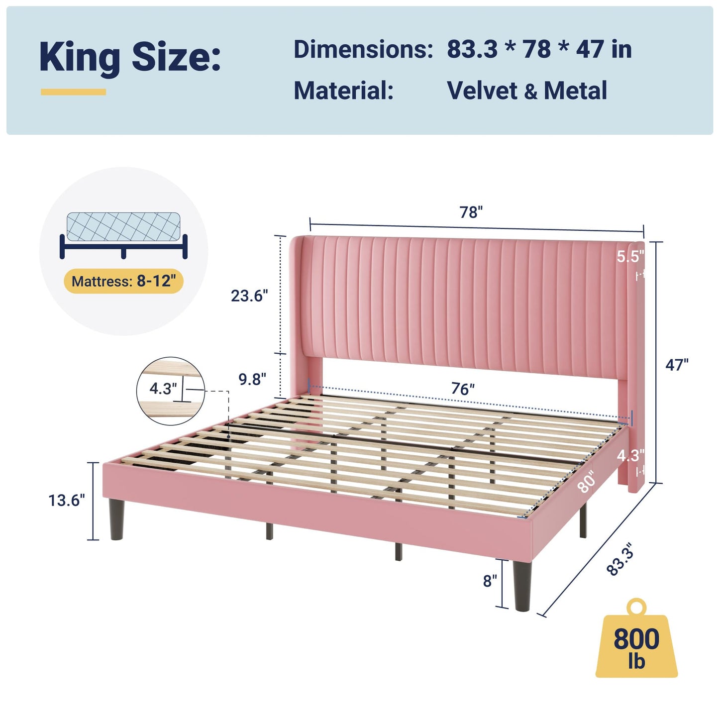 Allewie King Size Velvet Bed Frame/Vertical Channel Tufted Wingback Headboard/Upholstered Platform Bed/Strong Wooden Slats/No Box Spring Needed/Easy Assembly/Pink