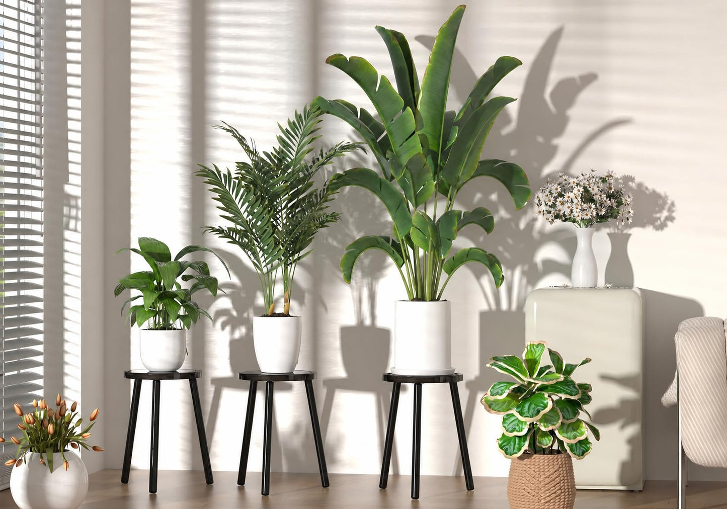 Vecxoty Wood Plant Stands Indoor, 16.7" Tall Plant Stand Outdoor Mid-Century Plant Stool, Single Plant Table Modern Small Round Side/End Table for Living Room, Balcony, Office(Black)
